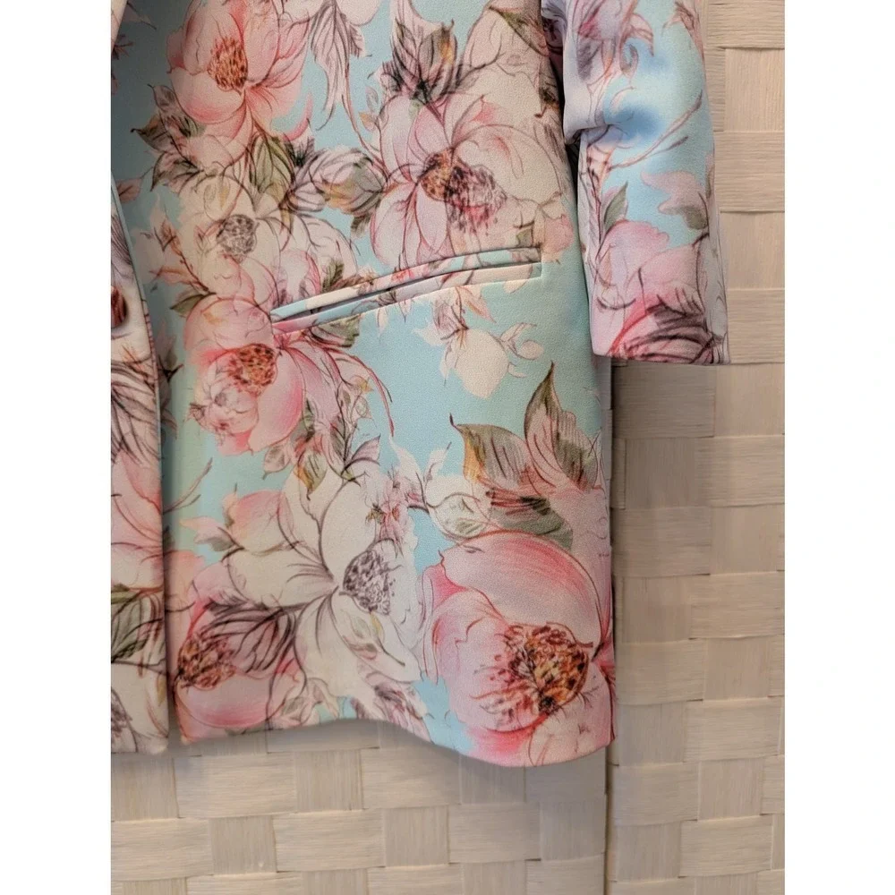La Pateau Turquoise Pink Floral Ruched 3/4 Sleeve Single Button Blazer‎ Size 38